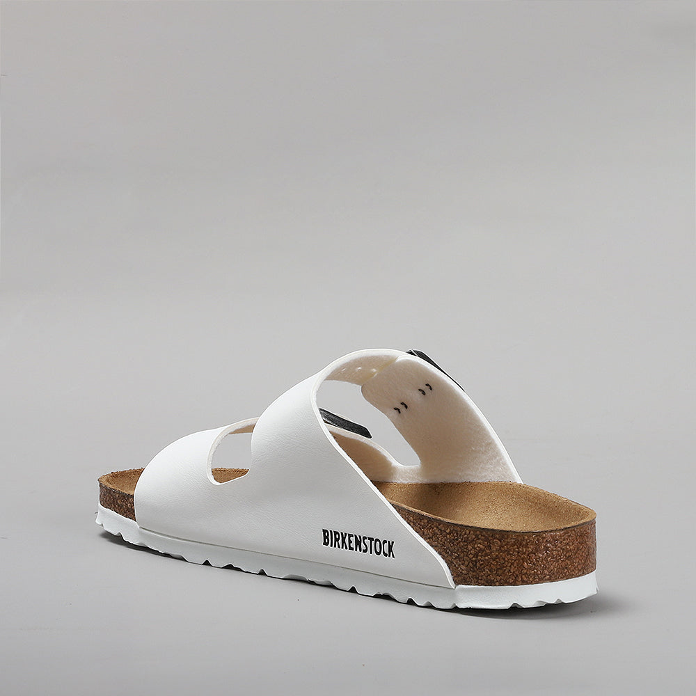 Birkenstock Arizona White w/ charcoal metallic buckle back view