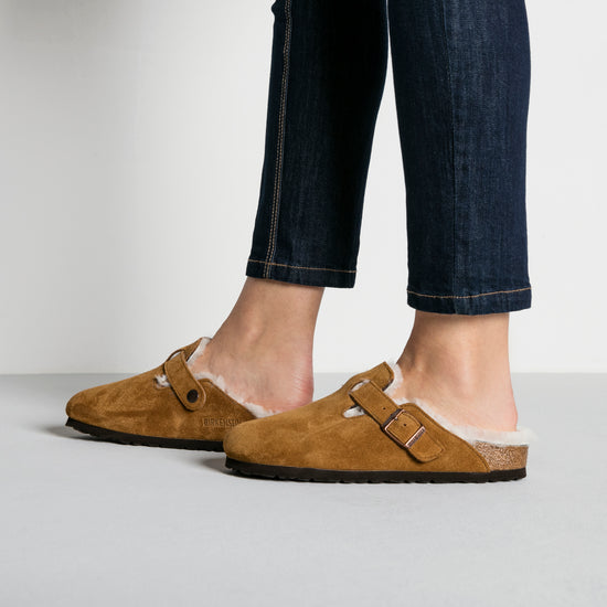 Birkenstock Boston Shearling Mink Clog Side View Lifestyle