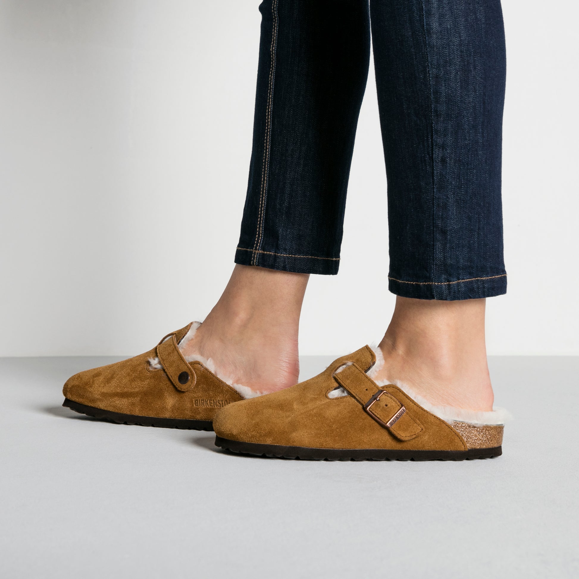 Birkenstock Boston Shearling Mink Clog Side View Lifestyle